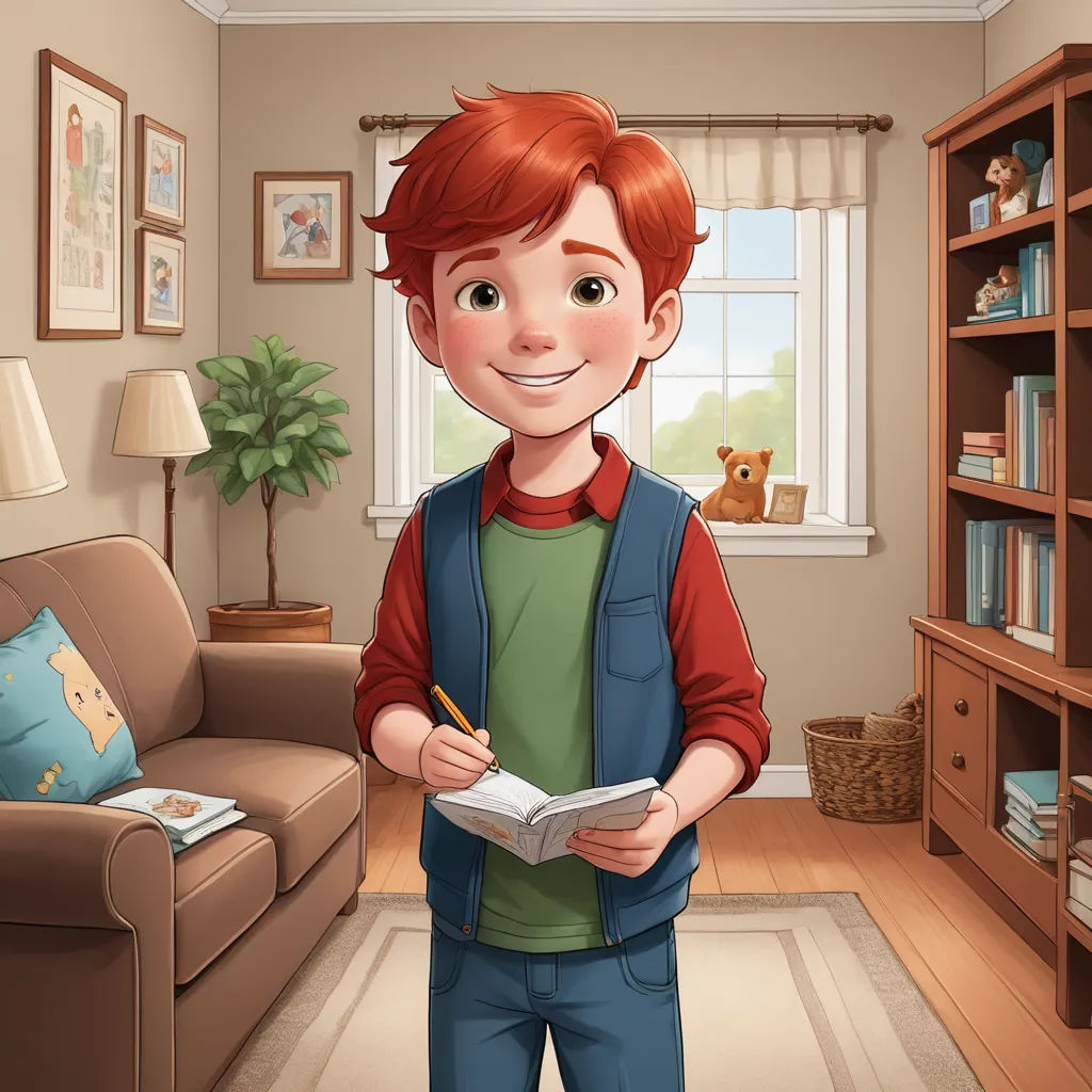 a boy is standing in a living room holding a book and a pen in his hand and smiling at the camera, sots art, a storybook illustration, Cedric Seaut (Keos Masons), character portrait