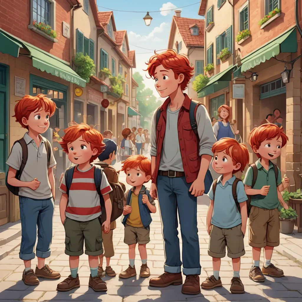 a man standing in front of a group of children in a street with a building in the background and a crowd of people walking by, rayonism, a storybook illustration, Brothers Hildebrandt, official art