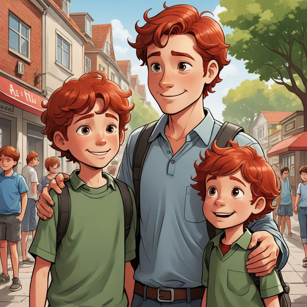 a man and two boys are standing in front of a crowd of people on a street with a building in the background, lyco art, a storybook illustration, Brothers Hildebrandt, kinkade