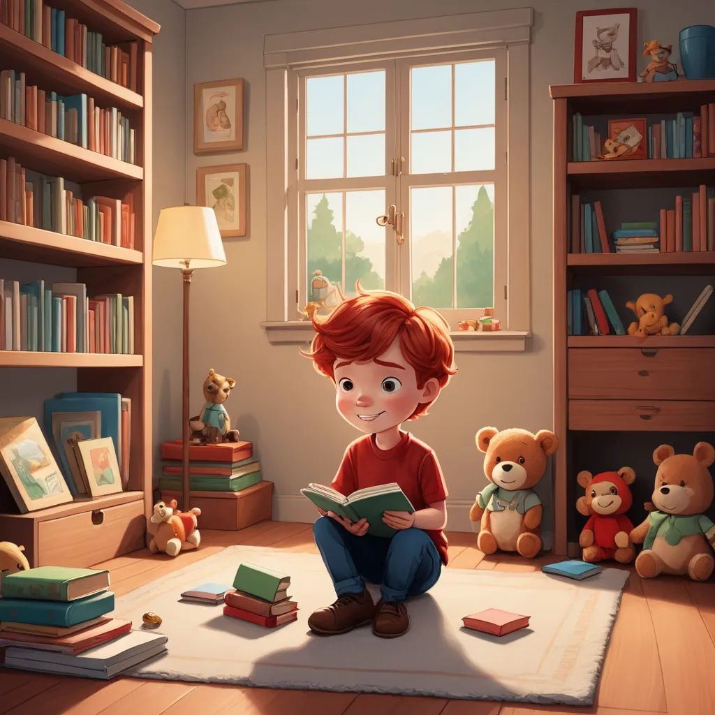 a boy sitting on the floor reading a book in a room with teddy bears and bookshelves in the background, photorealism, a storybook illustration, Chris LaBrooy, storybook illustration