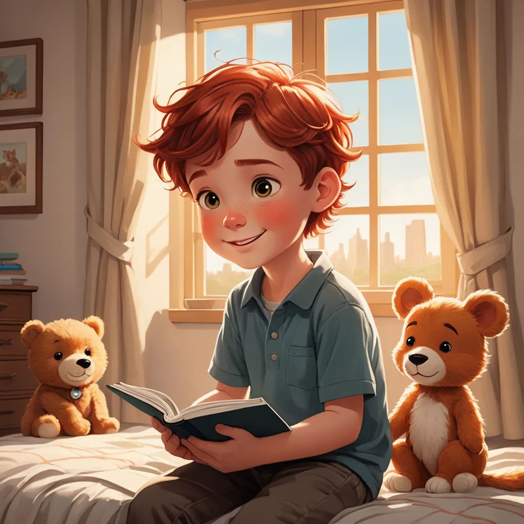 a boy sitting on a bed with two teddy bears and a book in his hands, reading a story, sots art, a storybook illustration, Diego Gisbert Llorens, storybook illustration