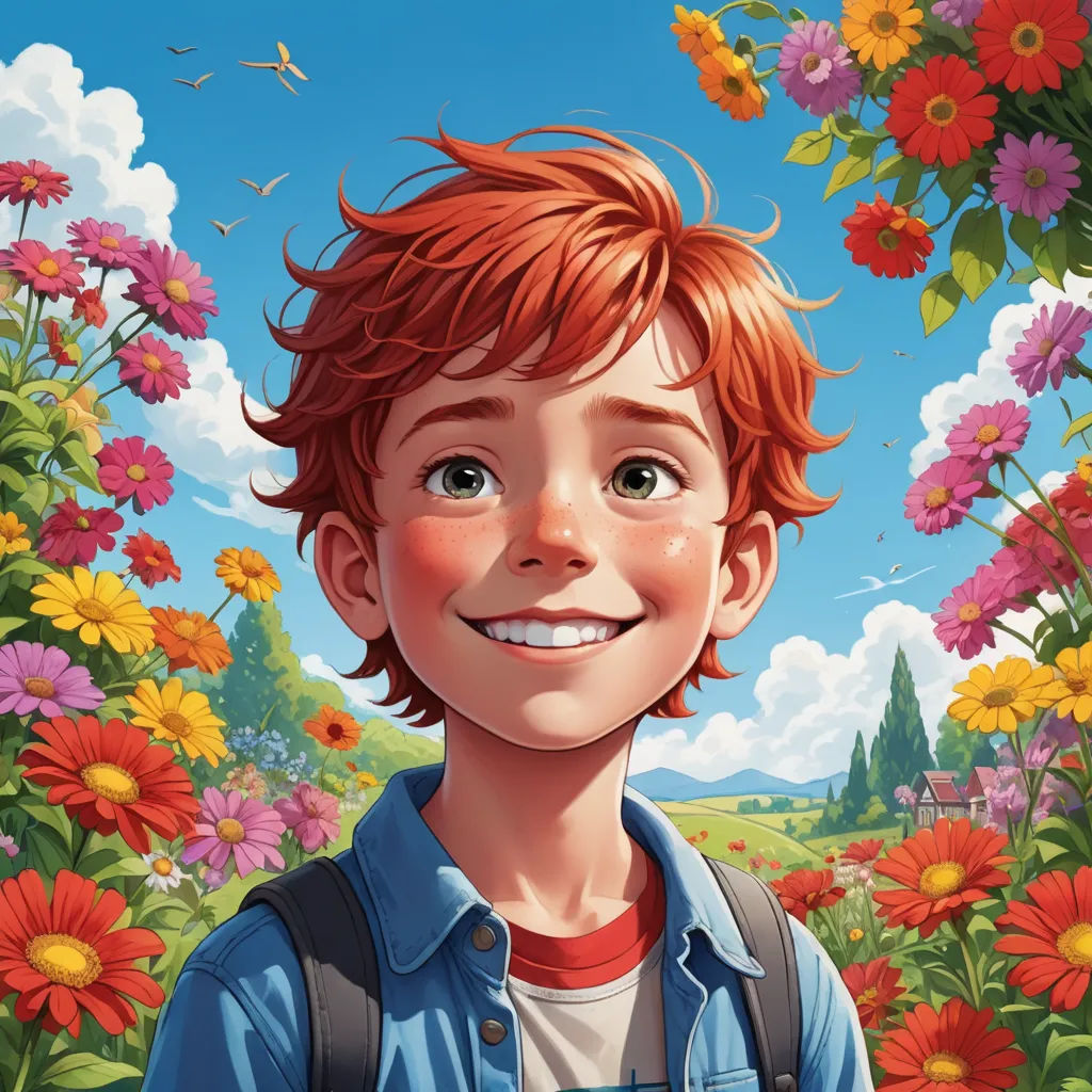 a boy with red hair and a backpack in a field of flowers with a bird flying overhead in the sky, sots art, a character portrait, Aaron Jasinski, official art