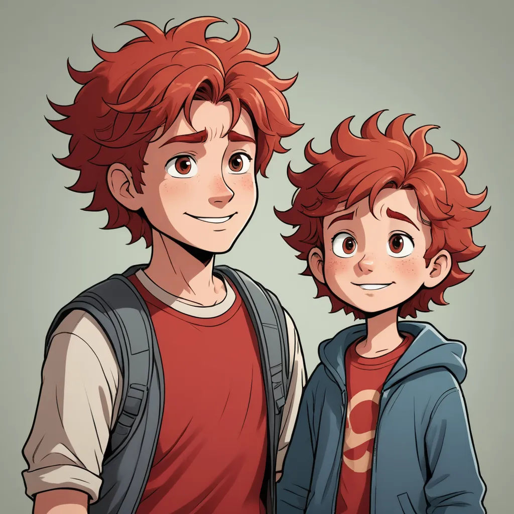 a boy and a boy with red hair are standing next to each other and smiling at the camera,, sots art, concept art, Anson Maddocks, official art
