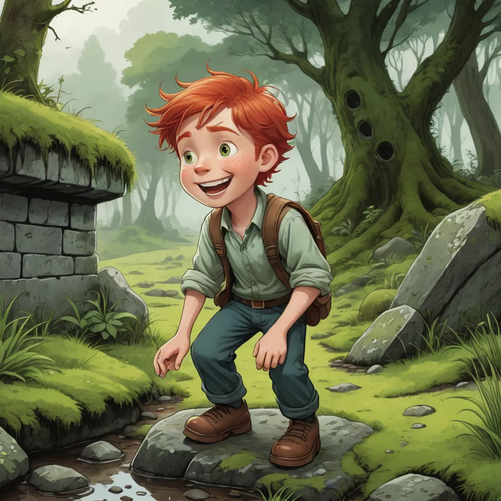 a boy is standing on a rock in the woods with a backpack on his back and a stream running through it, fantasy art, a storybook illustration, Cedric Seaut (Keos Masons), storybook illustration