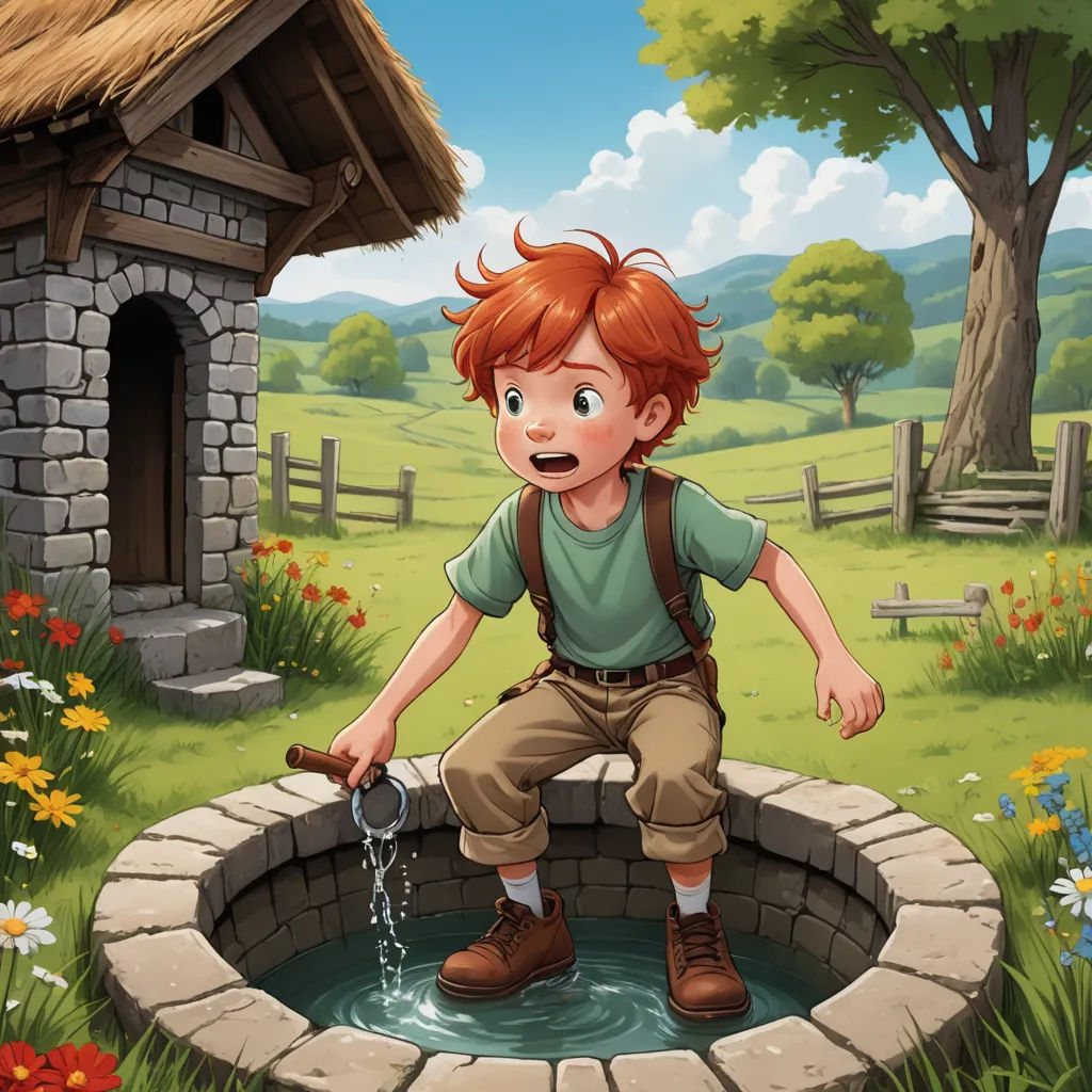 a boy is playing in the water near a stone house and a stone well with a water spout, fantasy art, a storybook illustration, Cedric Seaut (Keos Masons), storybook illustration