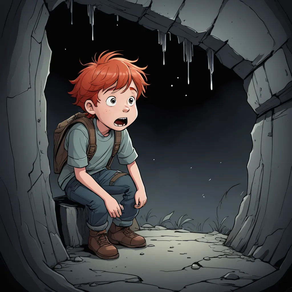 a boy sitting in a cave with a backpack on his back and a light on his head and a dark background, sots art, a storybook illustration, Diego Gisbert Llorens, comic cover art