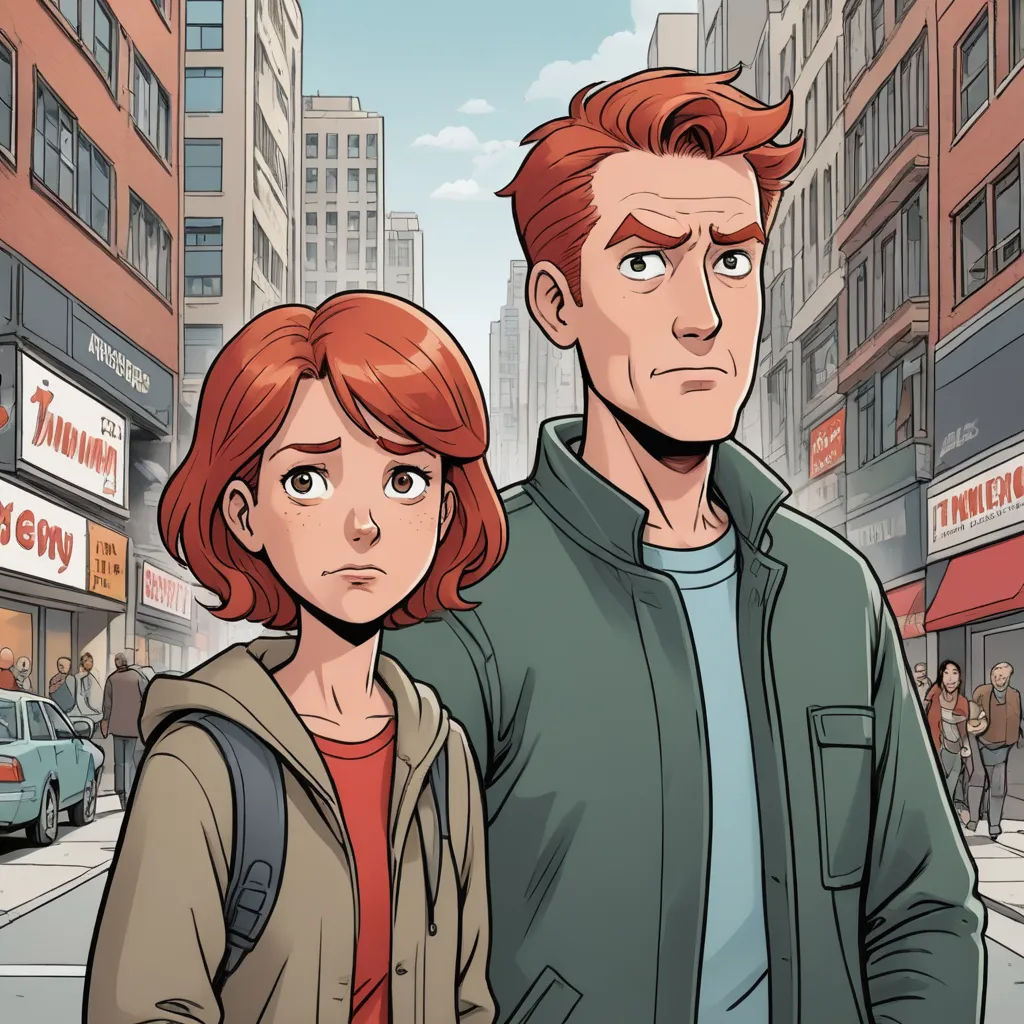 a man and a woman standing in front of a city street with buildings and cars in the background, with a man looking at the camera, serial art, a comic book panel, Asaf Hanuka, comic cover art