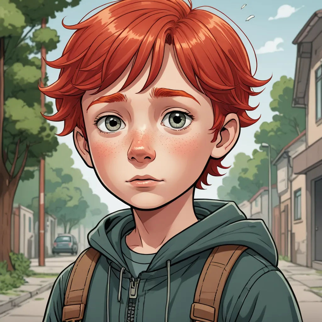 a boy with red hair and a backpack on a street with a tree in the background and a building with a sign on it, sots art, a character portrait, Cedric Seaut (Keos Masons), character portrait