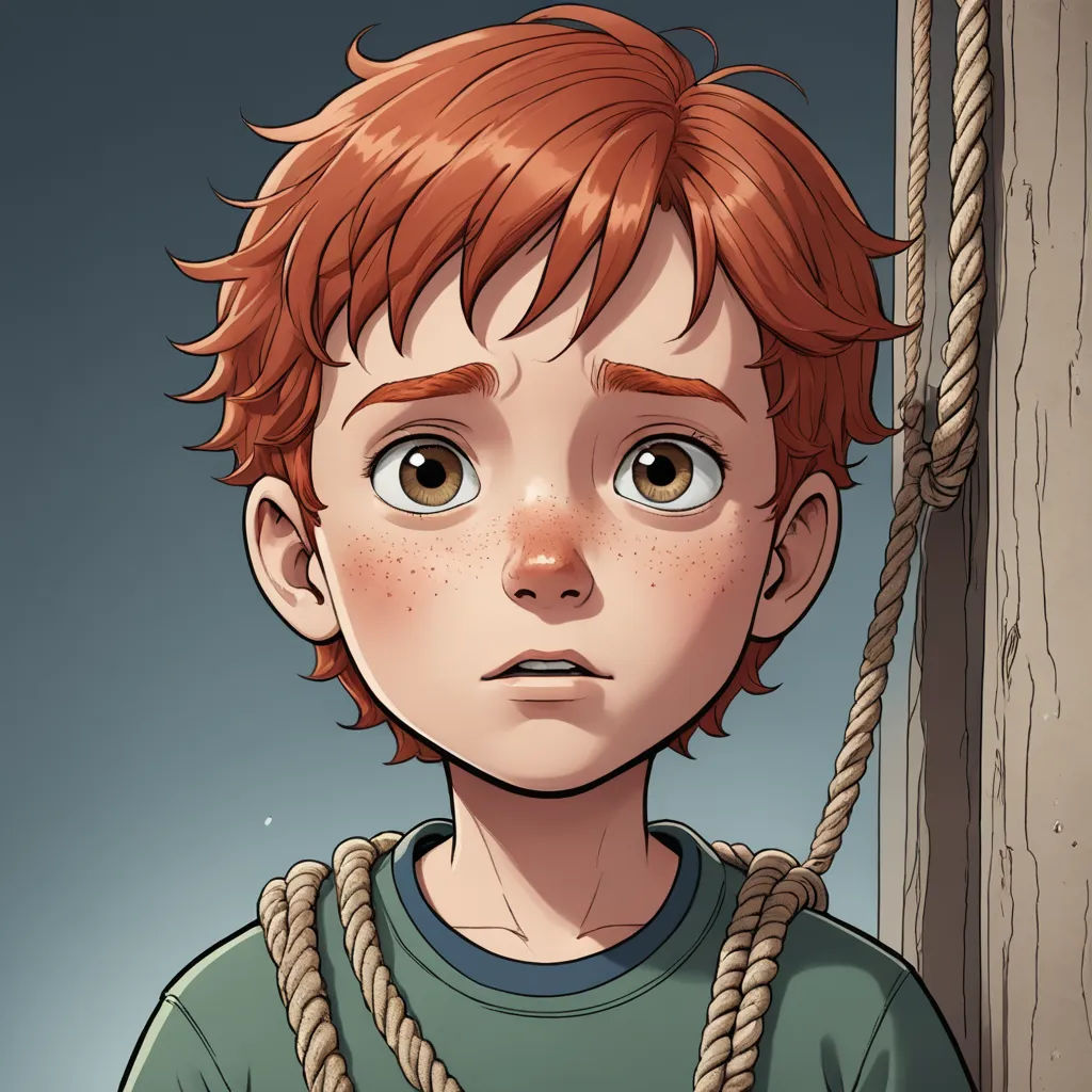 a boy with red hair and a green shirt is staring at the camera with a rope hanging from his neck, sots art, a character portrait, Andrey Esionov, comic cover art