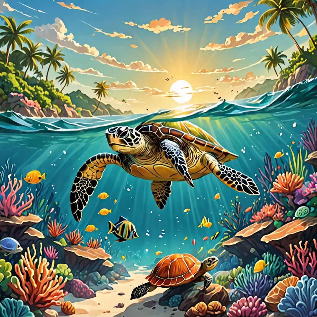 a painting of a turtle swimming in the ocean with other animals nearby and a sun setting over the ocean, Dan Mumford, fantasy art, an airbrush painting, highly detailed digital painting