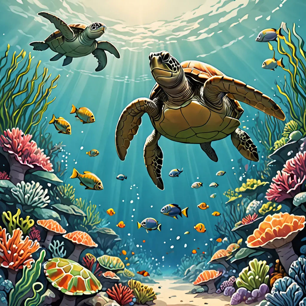 a painting of a turtle swimming in the ocean with other sea animals around it and a sunbeam in the background, Dan Mumford, fantasy art, a storybook illustration, highly detailed digital painting