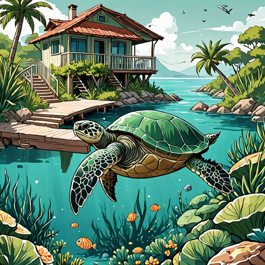 a turtle swimming in a body of water near a house and dock with a dock on the other side, Dan Mumford, psychedelic art, a storybook illustration, highly detailed digital painting