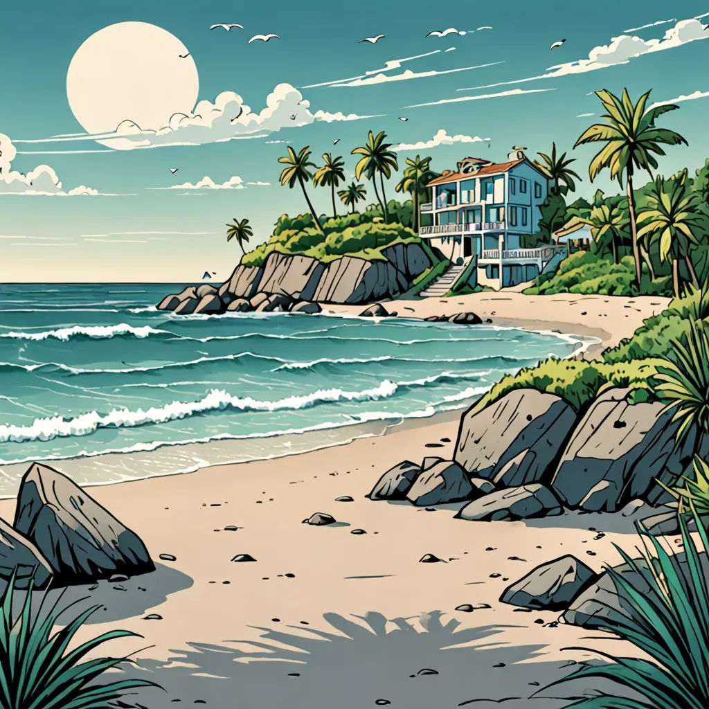 a painting of a beach with a house on it and palm trees on the shore of the ocean and a full moon in the sky, Dan Mumford, lyco art, a comic book panel, josan gonzales and dan mumford