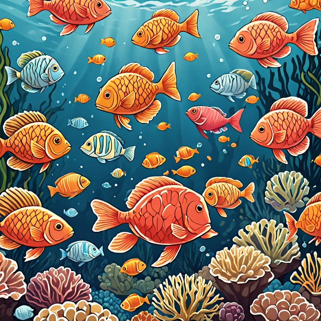 a group of fish swimming in the ocean near a coral reef with corals and other sea life around, Chris LaBrooy, psychedelic art, computer graphics, highly detailed digital painting