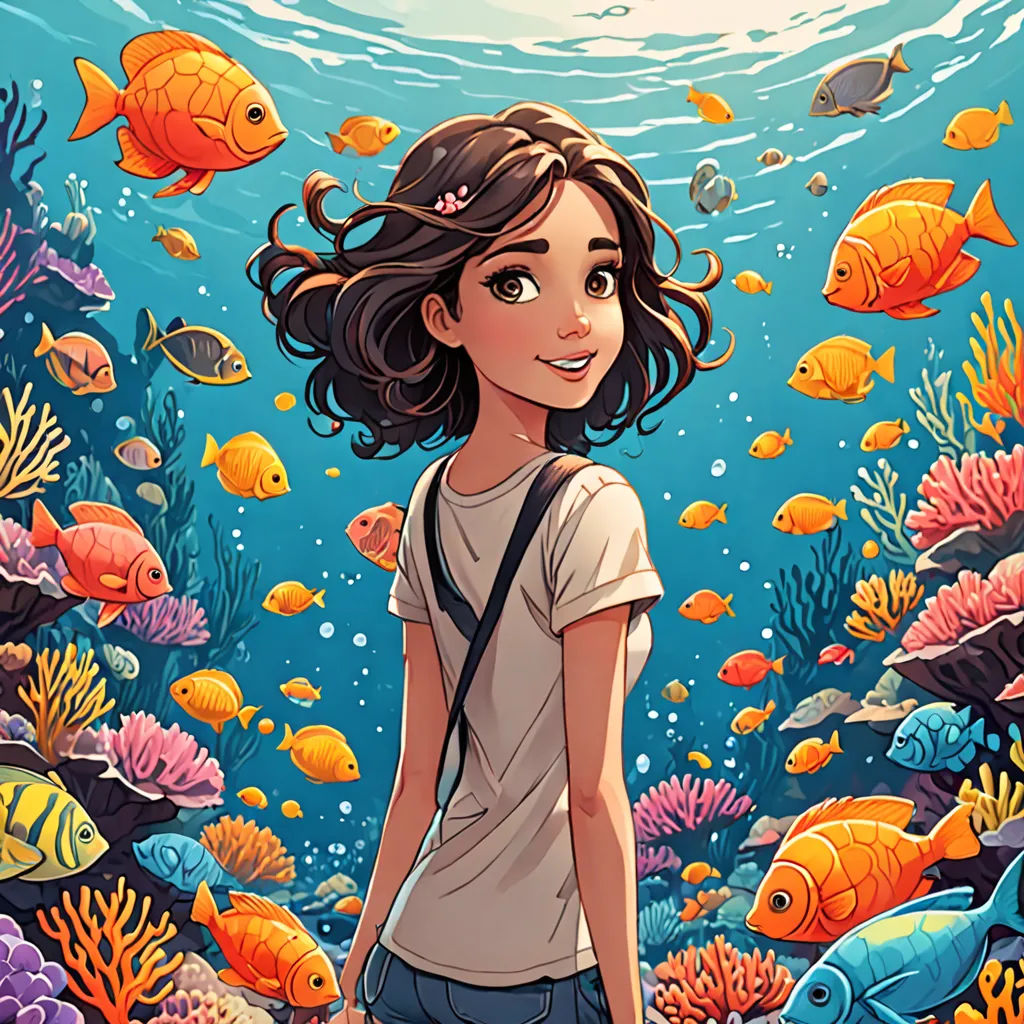 a girl standing in front of a sea of fish and corals with a camera in her hand and a camera in her hand, Cyril Rolando, fantasy art, a storybook illustration, ocean