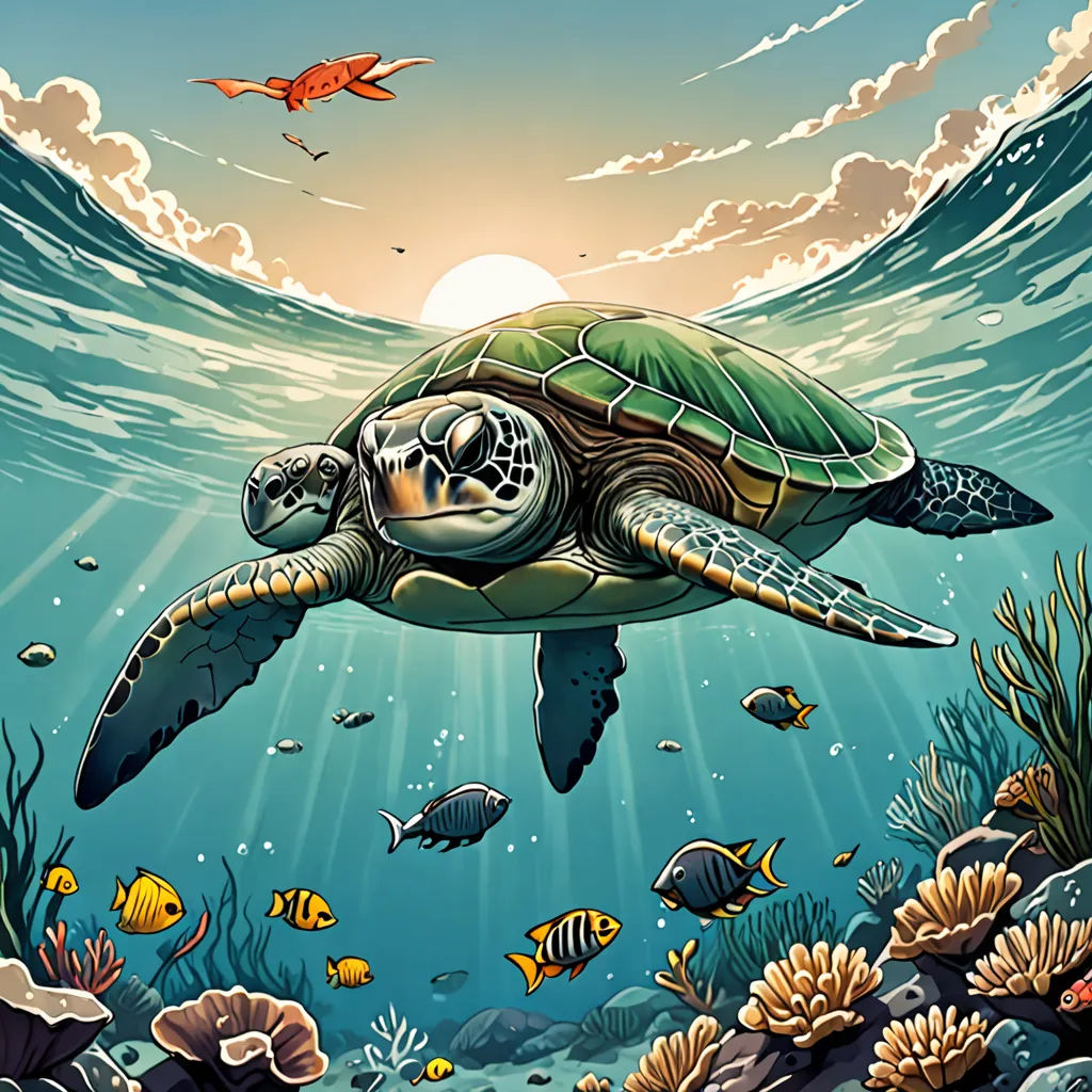 a turtle swimming in the ocean with fish around it and a sun in the background with clouds and sun beams, Dan Mumford, psychedelic art, a storybook illustration, highly detailed digital painting