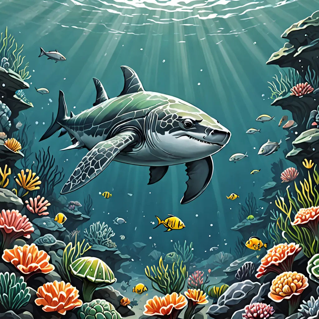 a painting of a shark swimming in the ocean with corals and other fish around it, with sunlight streaming through the water, Dan Mumford, fantasy art, a digital painting, highly detailed digital painting