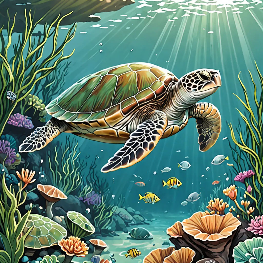 a painting of a turtle swimming in the ocean with corals and other marine life around it, with sunlight shining through the water, Dan Mumford, fantasy art, a storybook illustration, highly detailed digital painting
