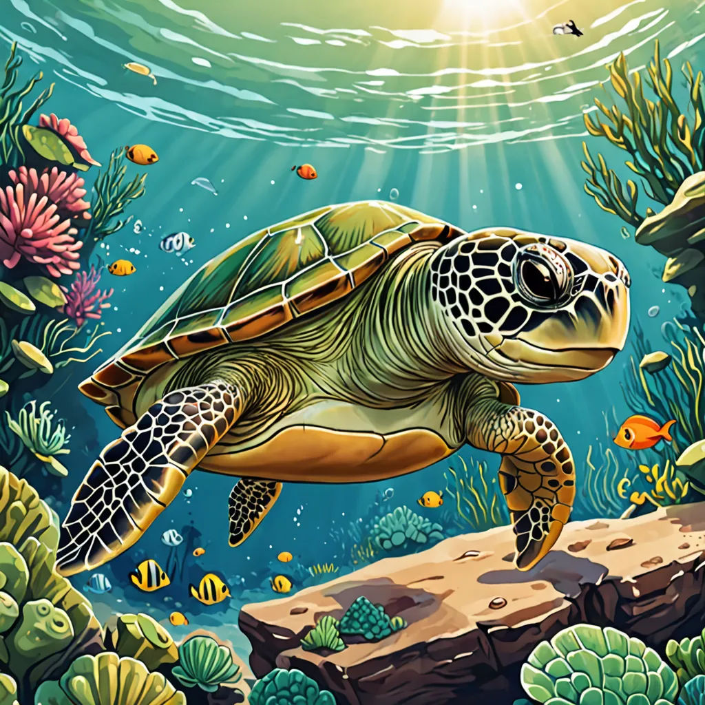 a turtle swimming in the ocean with corals and other marine life around it, with a sunbeam, Dan Mumford, computer art, a digital painting, highly detailed digital painting