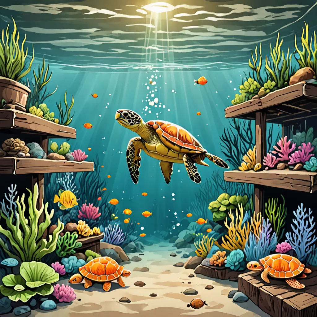 a sea turtle swimming in a coral reef with corals and other marine life around it, with sunlight shining through the water, Cyril Rolando, fantasy art, a storybook illustration, highly detailed digital painting
