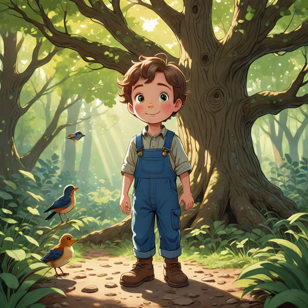 a boy standing in the middle of a forest with birds flying around him and a bird on the ground, naturalism, a storybook illustration, Aaron Jasinski, official art