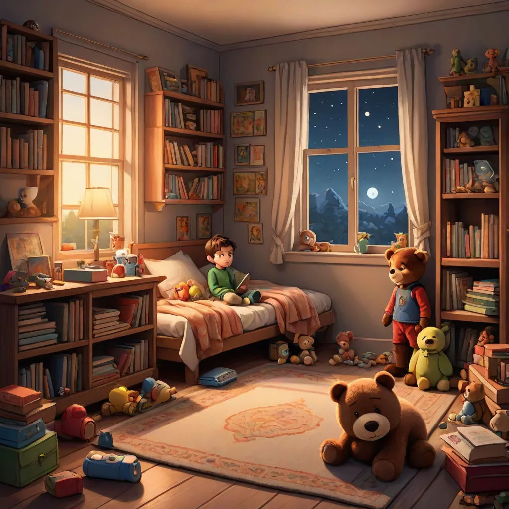 a child's bedroom with a teddy bear and a bed with a teddy bear on it and a teddy bear sitting on the floor, fantasy art, a storybook illustration, Chris LaBrooy, storybook illustration