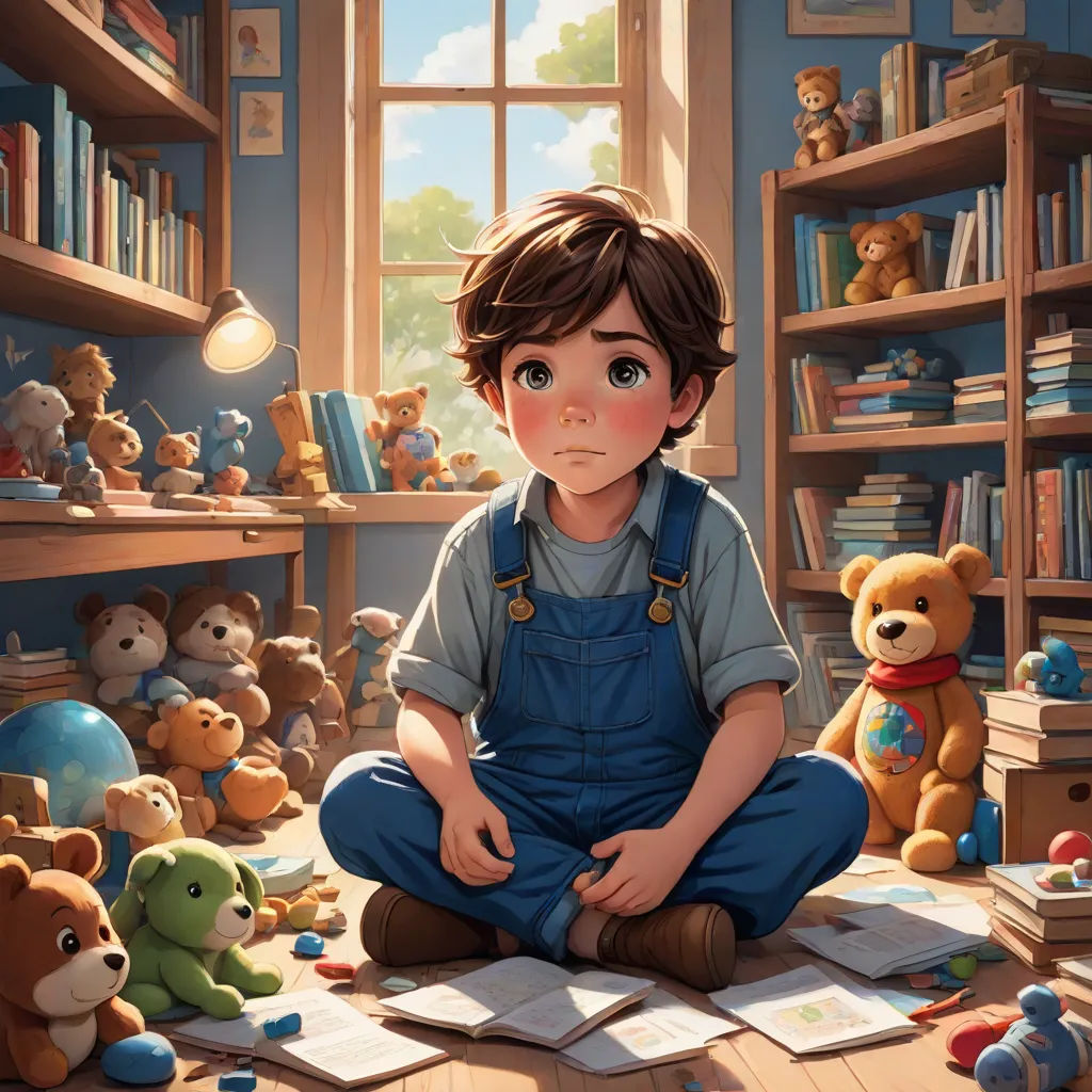 a boy sitting on the floor surrounded by stuffed animals and books in a room with a window and a book shelf, fantasy art, a storybook illustration, Aaron Jasinski, stanley artgerm lau