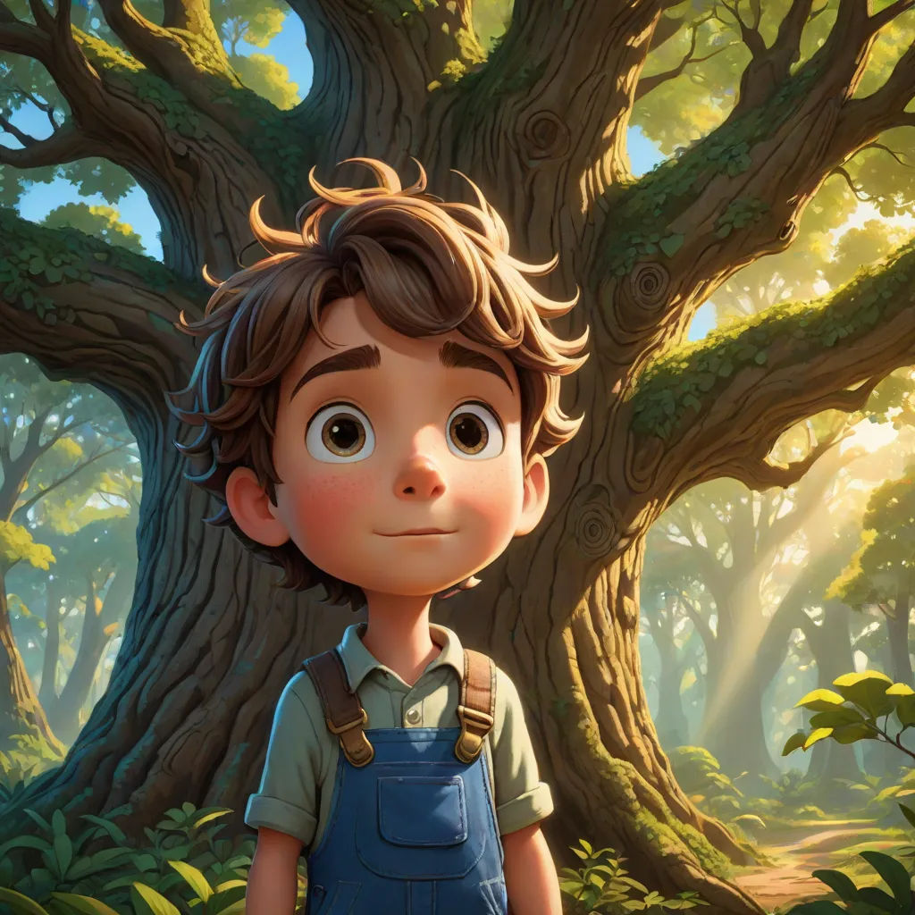 a boy standing in front of a tree in a forest with a forest background and sunlight coming through the branches, photorealism, a character portrait, Cliff Childs, pixar and disney animation