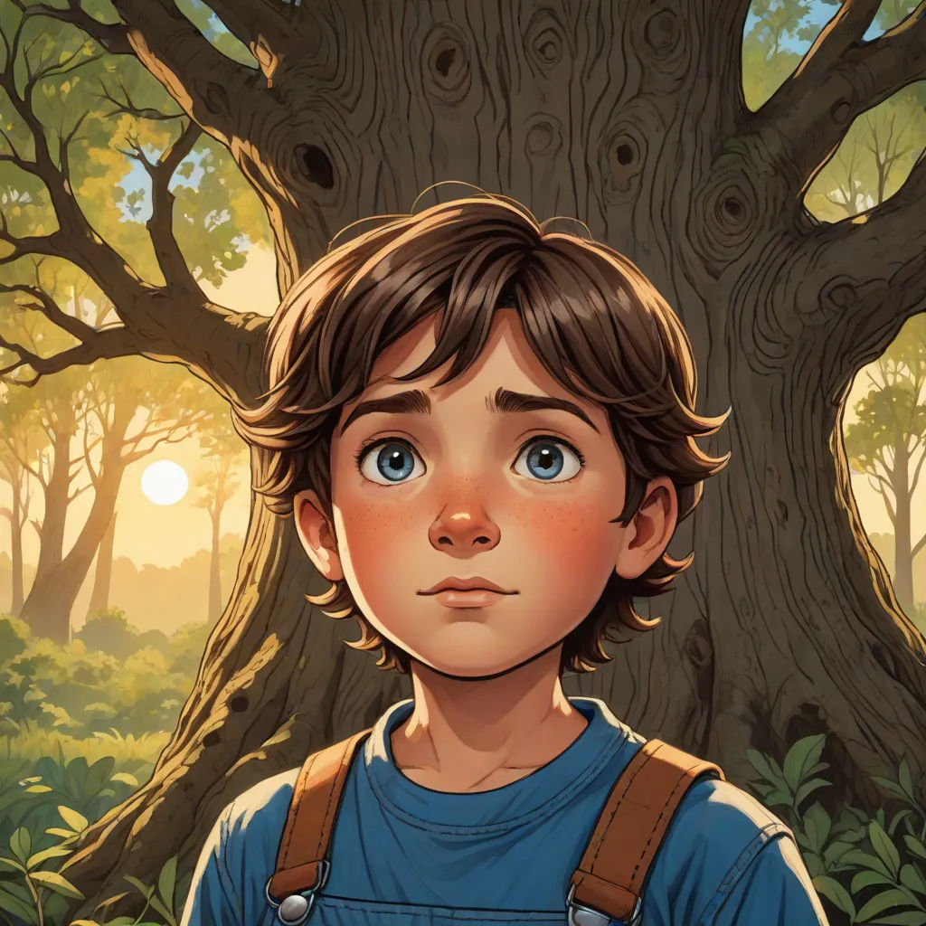 a boy standing in front of a tree with a sun in the background and a forest with trees and bushes, photorealism, a storybook illustration, Aaron Jasinski, rossdraws global illumination