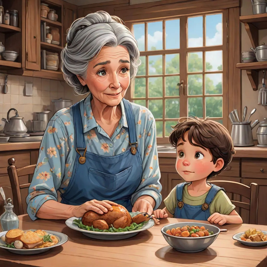 a painting of a woman and a child sitting at a table with food in front of them, and a man standing behind them, american scene painting, a storybook illustration, Bob Byerley, storybook illustration