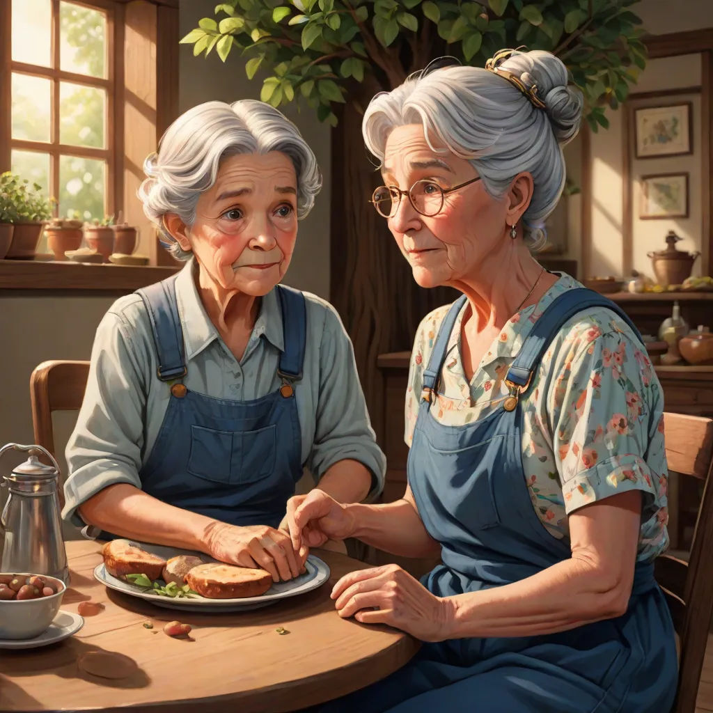 a painting of two older women sitting at a table with a plate of food in front of them,, american scene painting, a storybook illustration, Bob Byerley, official art