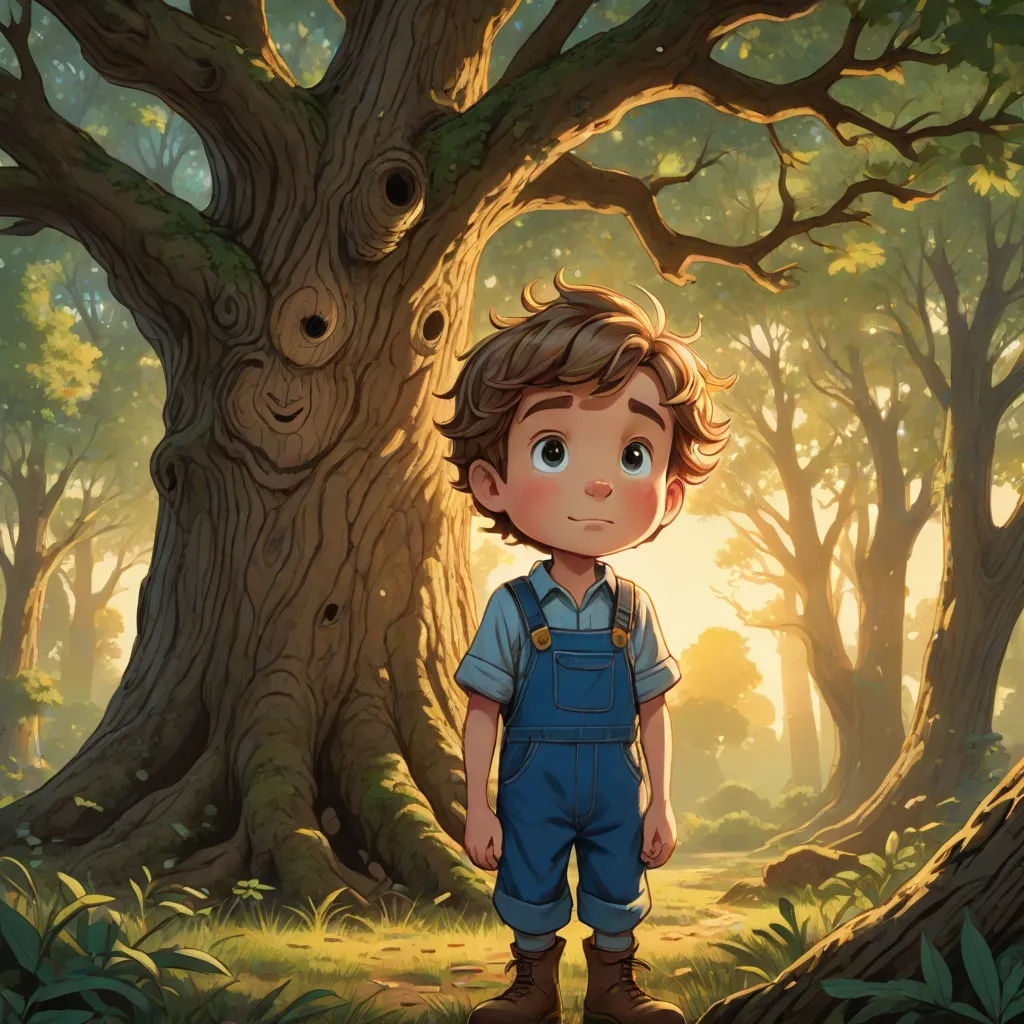 a boy standing in front of a tree in a forest with a bird in the sky above him and a bird in the air, fantasy art, a storybook illustration, Aaron Jasinski, storybook illustration