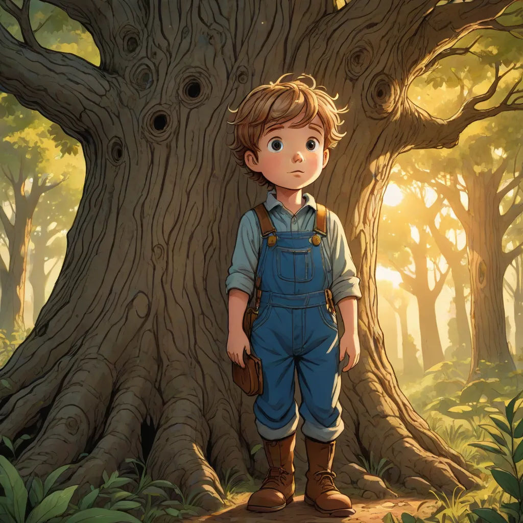 a boy standing in front of a tree in a forest with sunlight coming through the trees and a bird in the air, fantasy art, a storybook illustration, Aaron Jasinski, storybook illustration