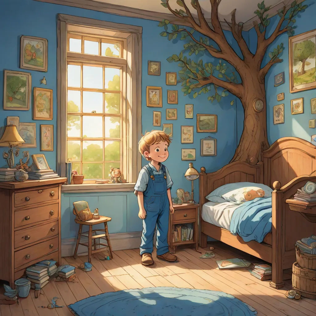 a boy standing in a bedroom with a tree painted on the wall and a bed with a wooden frame, magic realism, a storybook illustration, Chris LaBrooy, storybook illustration