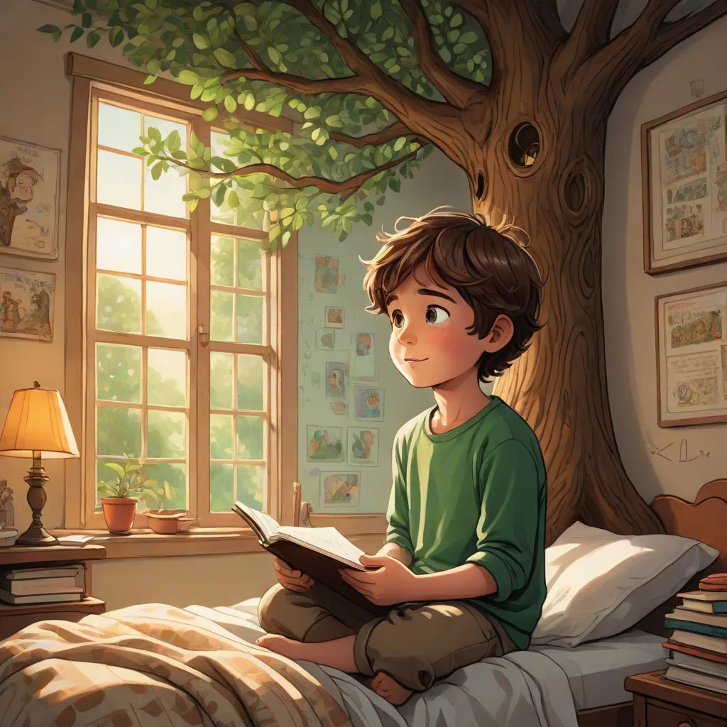 a boy sitting on a bed reading a book in a bedroom with a tree in the corner of the room, fantasy art, a storybook illustration, Diego Gisbert Llorens, storybook illustration