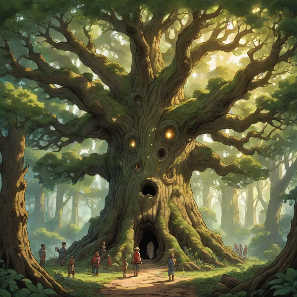 a group of people standing in front of a tree with a hole in it's trunk and a light at the end of the trunk, fantasy art, a storybook illustration, Aaron Jasinski, ghibli