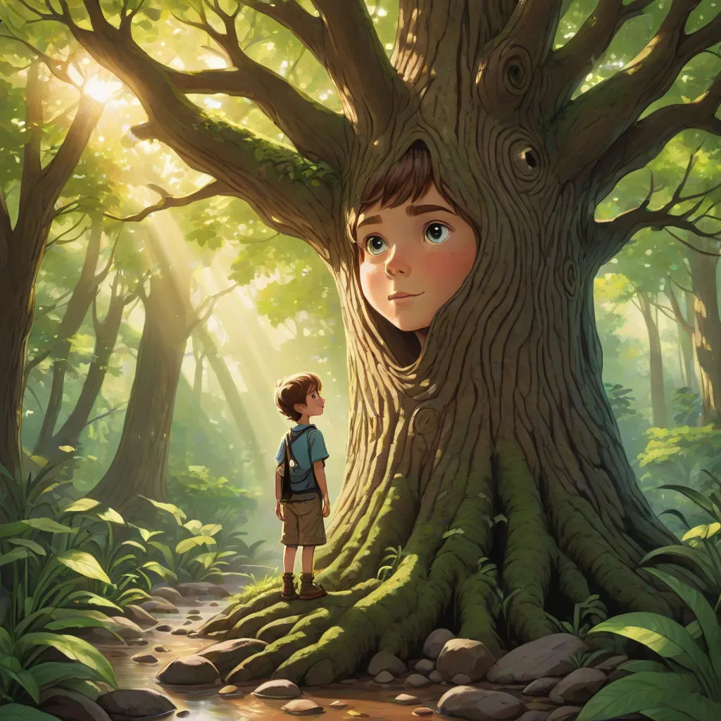 a boy standing in front of a tree with a face on it's face and a forest with rocks and grass, magical realism, a storybook illustration, Aaron Jasinski, storybook illustration