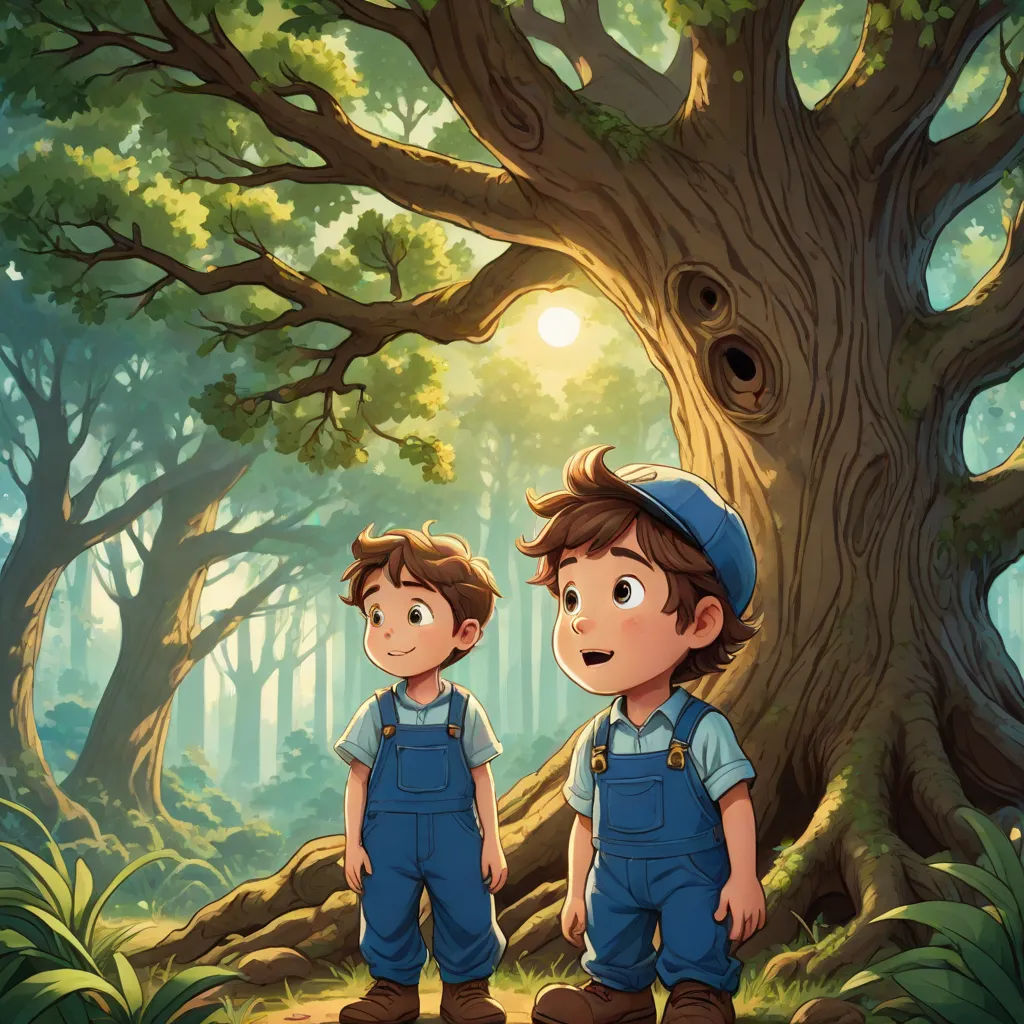 two children standing in front of a tree in a forest with a bird nest in the tree trunk and a bird in the tree, fantasy art, a storybook illustration, Brothers Hildebrandt, storybook illustration