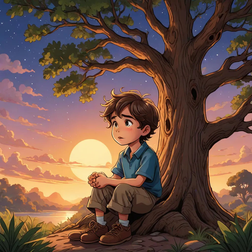 a boy sitting under a tree in the sunset with a bird in his hand and a bird in his hand, fantasy art, a storybook illustration, Diego Gisbert Llorens, rossdraws global illumination