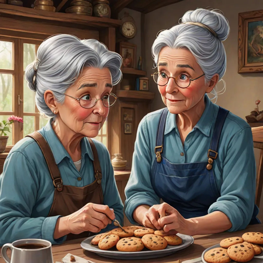 a painting of two women sitting at a table with cookies on a plate and a cup of coffee in front of them, fantasy art, a storybook illustration, Andrea Kowch, highly detailed digital painting