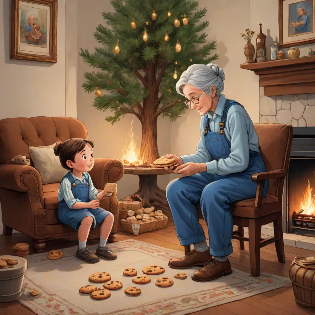 a painting of an elderly woman and a child sitting in front of a fireplace with cookies on the floor, sots art, a storybook illustration, Evgeny Lushpin, storybook illustration