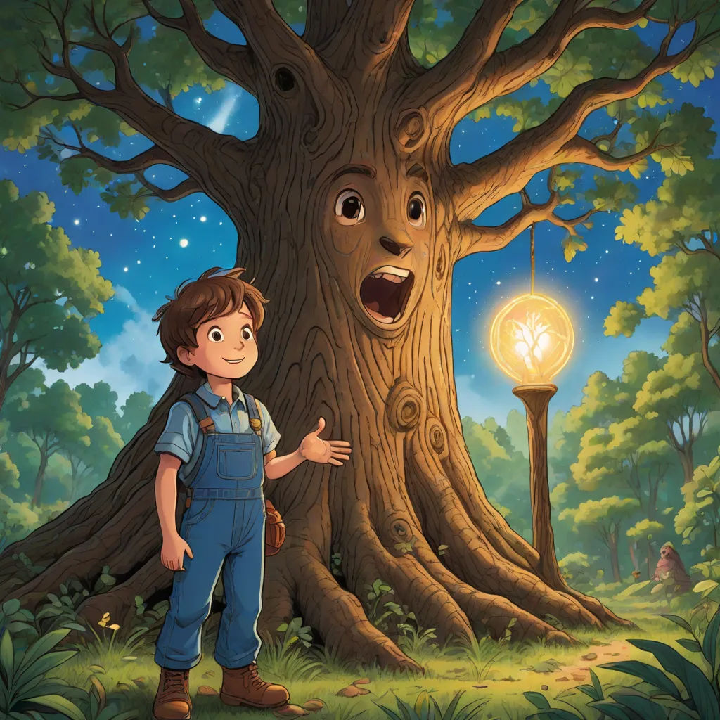 a boy standing in front of a tree with a light bulb in it's mouth and a tree with a face on it, fantasy art, a storybook illustration, Aaron Jasinski, storybook illustration