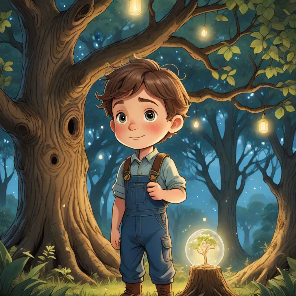 a boy standing in front of a tree with a light in it's hand and a glowing orb in the ground, fantasy art, a storybook illustration, Diego Gisbert Llorens, fireflies