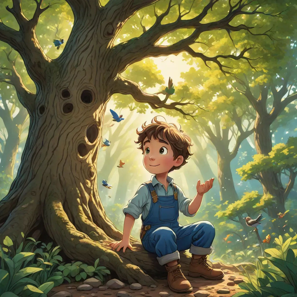 a boy sitting on a tree trunk in the forest with a bird flying overhead and a bird in the tree, fantasy art, a storybook illustration, Aaron Jasinski, official art