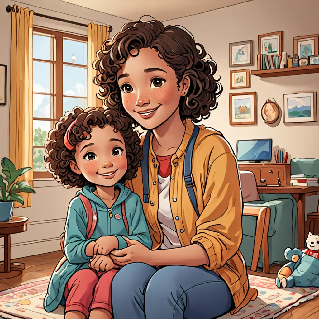a woman and a child sitting on a rug in a room with a window and a rug on the floor, american scene painting, a storybook illustration, Ella Guru, official art