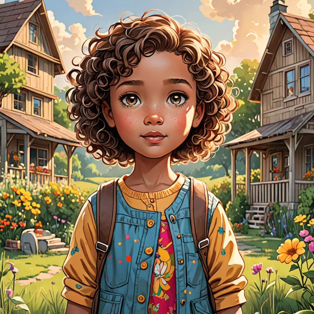 a painting of a little girl standing in front of a house with flowers in the yard and a bird on her shoulder, american scene painting, a storybook illustration, Aaron Jasinski, kinkade