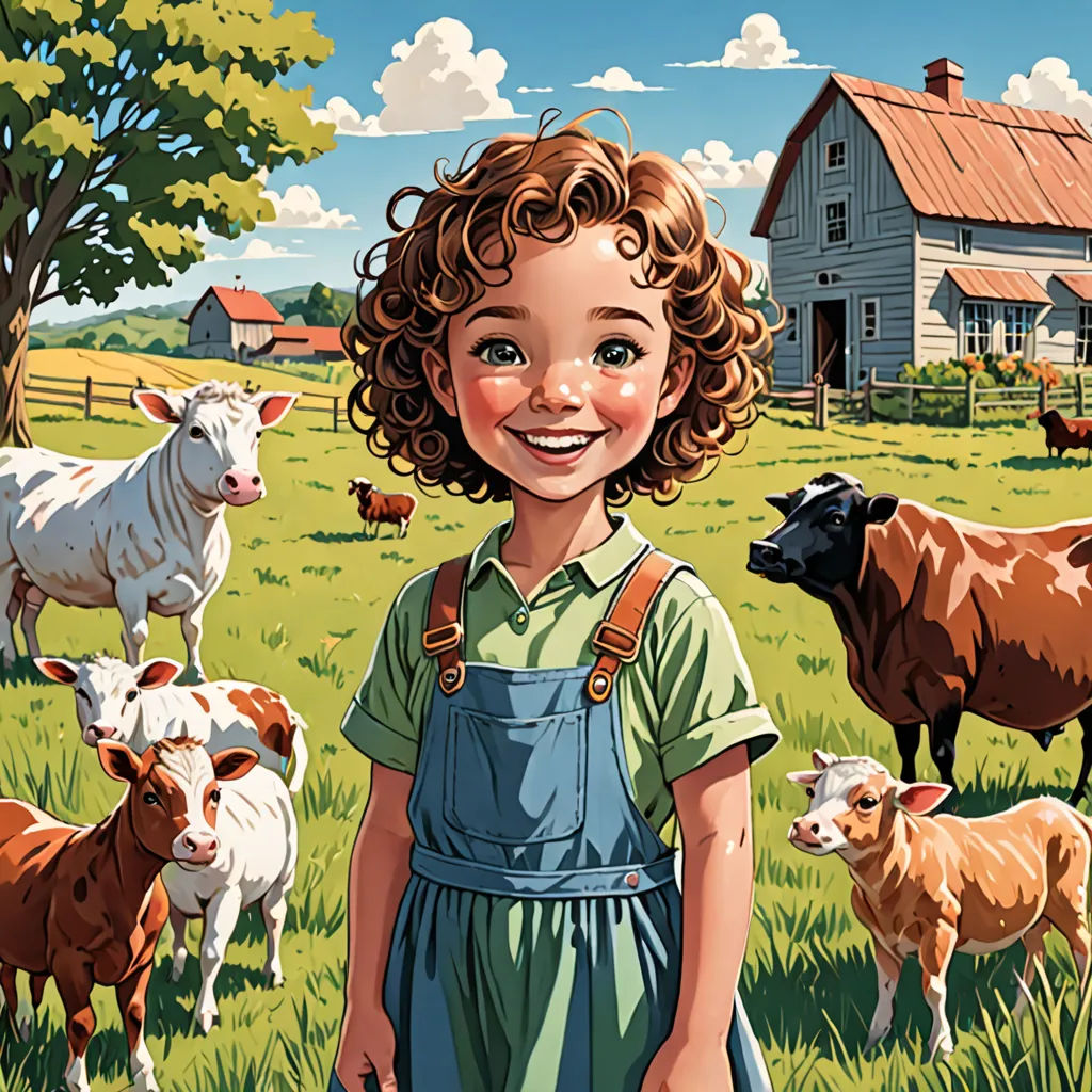 a little girl standing in a field with cows and a barn in the background with a sky background and clouds, american scene painting, a storybook illustration, Bob Byerley, highly detailed digital painting