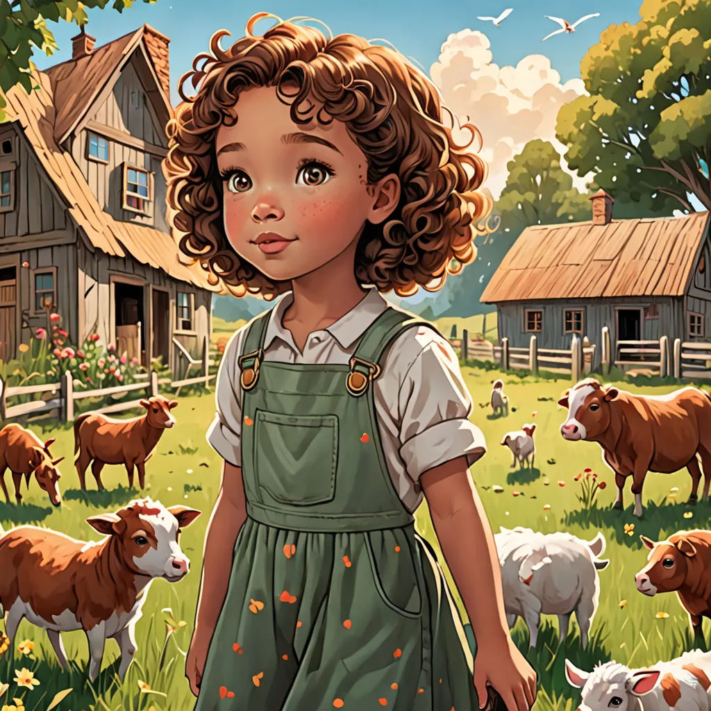 a little girl standing in a field with a herd of sheep behind her and a house in the background, american scene painting, a storybook illustration, Bob Byerley, storybook illustration