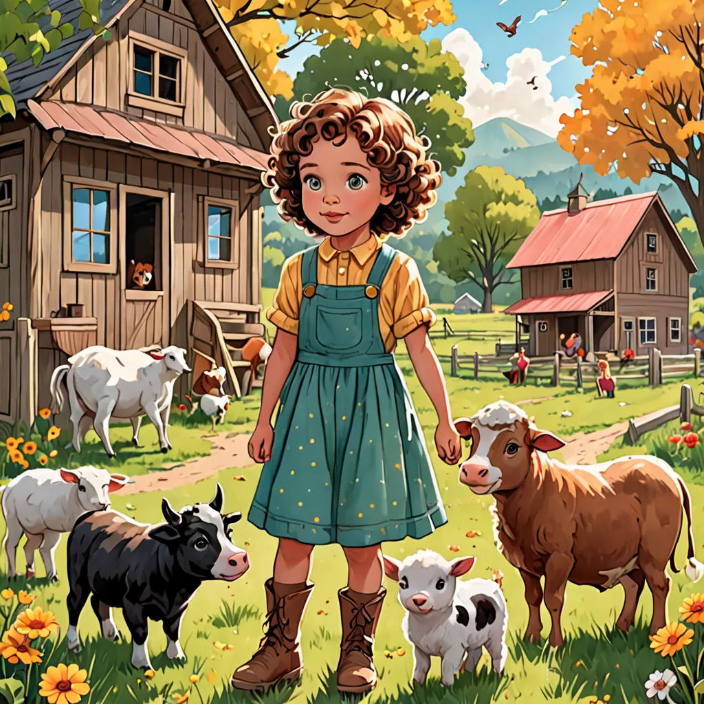a little girl standing in a field with cows and a barn in the background with a bird flying overhead, american scene painting, a storybook illustration, Bob Byerley, storybook illustration