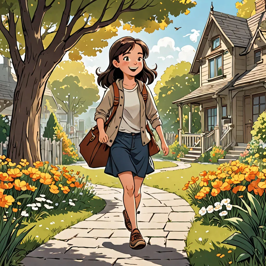 a girl walking down a path in a park with flowers and trees around her, with a house in the background, american scene painting, a storybook illustration, Cliff Childs, comic cover art